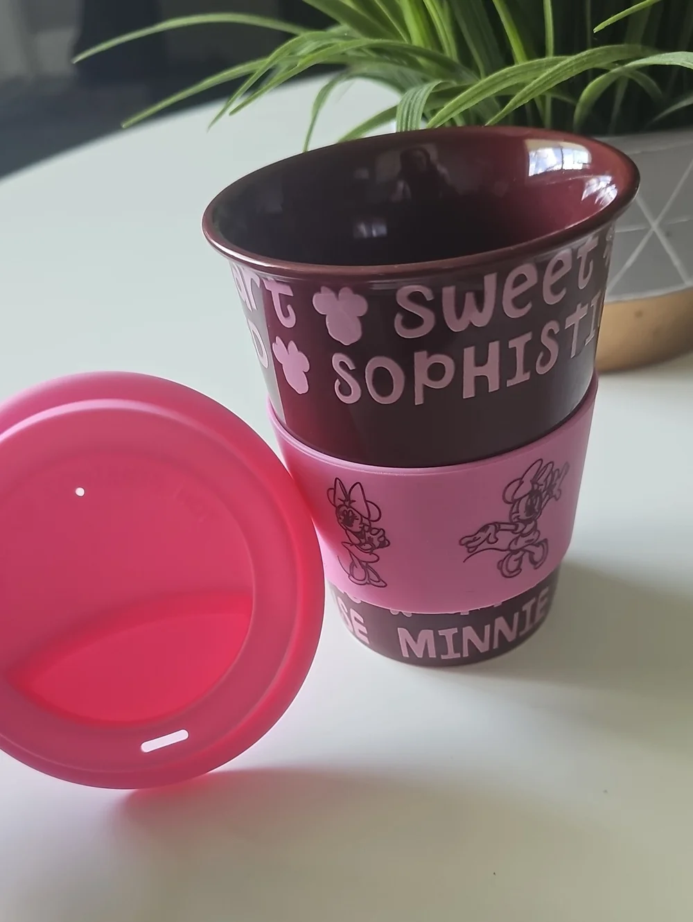 Disney Parks Minnie Pink Travel Ceramic Cup with Silicone Lid and Grip